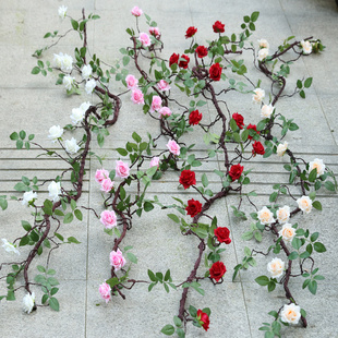 玫瑰藤仿真花植物假花藤蔓客厅，树枝造型水管，装饰遮挡缠绕绿叶藤条