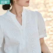 茵曼法式小立领镂空短袖，衬衫女士2023年夏季宽松纯棉白色衬衣