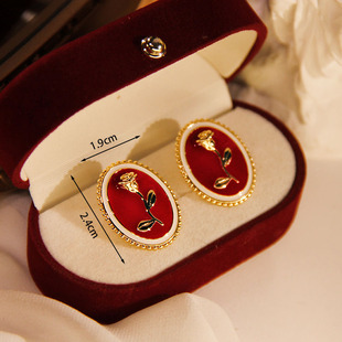 值得拥有饰品店设计师款红色复古耳环珐琅高质量优雅玫瑰耳饰耳钉
