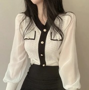 韩国ins早春设计感雪纺拼接长袖，针织衫女珍珠扣拼色v领套头打底衫