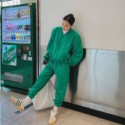 韩国春季女士纯棉休闲拉链卫衣微跨库卫裤套装绿色外套潮