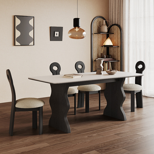 法式岩板实木餐桌长方形全现代简约ins风涟漪白蜡木高端复古餐桌