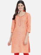 印度进口服饰女棉麻刺绣圆领上衣中长款七分袖薄款 浅橘色