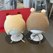 韩国同款可爱小毛球绑带护耳，帽秋冬纯色婴童男女宝宝针织帽毛线帽
