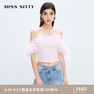 misssixty牛仔上衣女，甜美浅粉色浪漫重工，羽毛纱性感露肩吊带短款