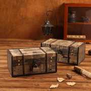古典皮革小木匣子家用桌面证件化妆收纳盒带锁首饰盒复古百宝