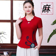 唐装改良女时尚复古中式夏中国风短袖，年轻妈妈薄款亚麻短款上衣