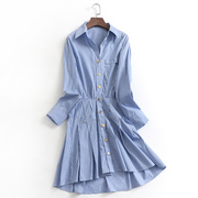 j496蓝色连衣裙竖条纹，显瘦收腰翻领衬衫裙，polo领春秋季绝美小裙子