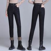 黑色加绒牛仔裤女冬腰装棉，花绒铅笔裤，冬季脚高修身小长裤