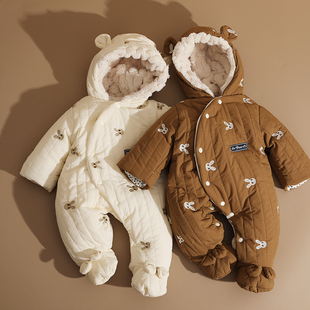 新生婴儿衣服秋冬季棉服兔宝宝，连体衣绒加厚套装，包脚外出抱衣冬装