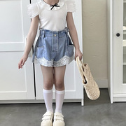 一年级女童夏季韩版高腰牛仔短裤，女宝宝甜美蕾丝花边热裤短裤