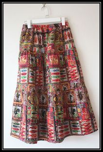 秋季民族风原创棉麻，活性印花方形花纹拼接长裙，亚麻松紧腰半身裙
