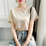 t恤女v领纯色短袖白色，纯棉半袖设计感黑色，宽松显瘦体恤夏装潮