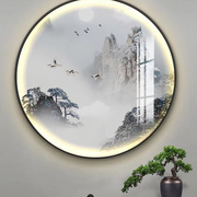 新中式圆形灯画玄关书房，背景装饰画水墨，风景意境山水茶室圆挂画