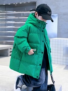 儿童绿色中长款羽绒服2023男童加厚冬装男孩冬季连帽炸街外套