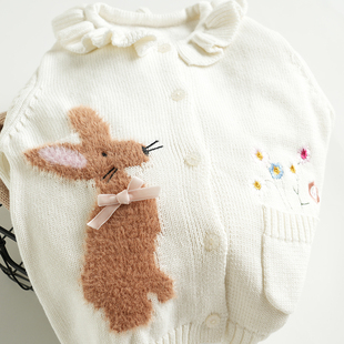 女童宝宝针织开衫儿童秋冬装中小童，娃娃领毛衣婴儿纯棉线毛线衫兔