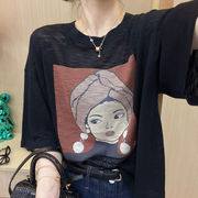 竹节棉短袖t恤女2024夏韩版宽松显瘦时尚卡通女孩设计感上衣