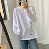 白色打底衫女内搭宽松中长款纯棉秋衣外穿长袖t恤破洞叠穿春秋冬