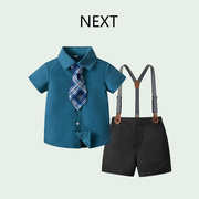 英国next男童绅士套装，夏季短袖领结衬衫背带，短裤宝宝周岁礼服六一