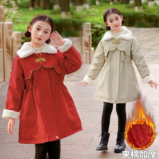 韩版秋冬儿童风衣女童外套棉服派克中大童加厚中长款pu皮大衣