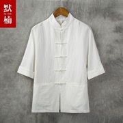 中国风男装唐装中袖亚麻衬衫，复古风夏季宽松男士短袖棉麻中式上衣