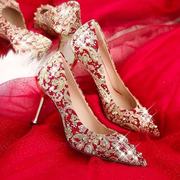 2022年结婚鞋子女大红色高跟敬酒中式秀禾服主婚纱水晶新娘鞋