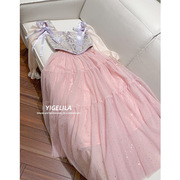 宫廷风喇叭长袖上衣简洁气质粉色网纱烫片半身裙，套装71200+51117