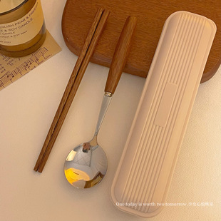 实木质餐具筷子勺子套装，高颜值不锈钢一人用外出自带便携收纳盒子