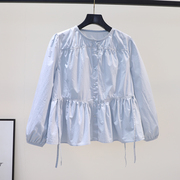 褶皱设计浅蓝色小衫女棉布娃娃，衫2023春季韩版时尚，宽松长袖衬衣潮