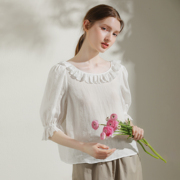夏季高支苎麻绣花法式娃娃衫，少女t恤精致短袖复古上衣85655