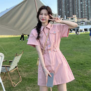 粉色牛仔连衣裙女装设计感小众夏季韩系高级别致小个子收腰中长裙