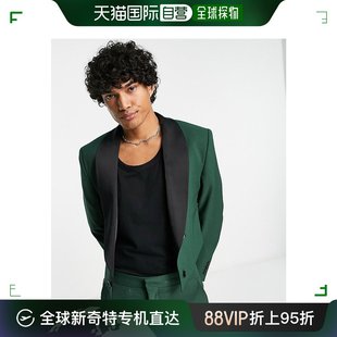 香港直邮潮奢 ASOS 男士设计短款撞色缎面翻领绿色西装外套