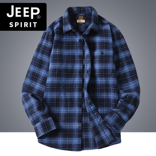jeep吉普男装格子长袖衬衫，春秋冬季宽松百搭磨毛休闲外套衬衣男潮