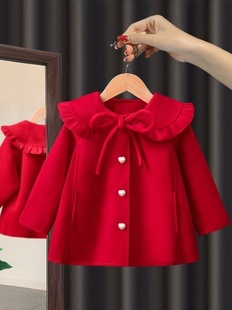 女童秋冬装红色公主风中长款外套2023中小童洋气时髦毛呢大衣