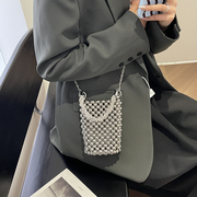 高级纯手工银色珍珠手提包包女串珠，链条斜挎小方，包时尚(包时尚)洋气手机包