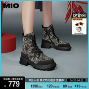 mio米奥2023年冬季圆头中跟短筒厚底靴子新中式，国风刺绣马丁靴女