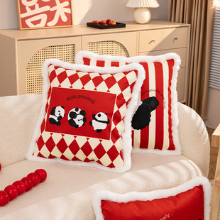 国潮高级感客厅沙发抱枕天鹅绒枕套软萌可爱熊猫靠枕床头枕头腰枕