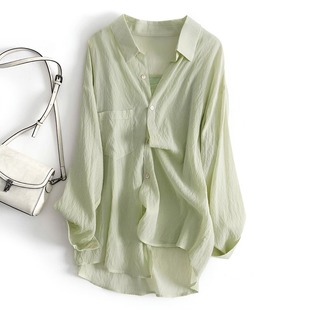 法式夏季绿色薄款防晒衬衫，女设计感小众休闲上衣，天丝雪纺衬衣