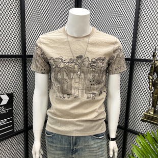 设计师款短袖t恤男士夏季卡通印花超薄上衣棉麻，体恤衫麻料半截袖