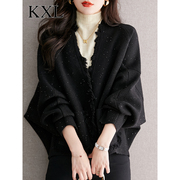 高级感气质黑色亮片短外套，女秋季早春宽松蝙蝠袖针织毛衣开衫