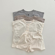 婴儿衣服夏装男女宝宝短袖T恤上衣短裤柔软透气亚麻两件套两件套