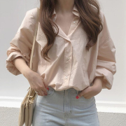 韩国chic早春法式气质翻领单排扣设计宽松休闲纯色长袖衬衫上衣女