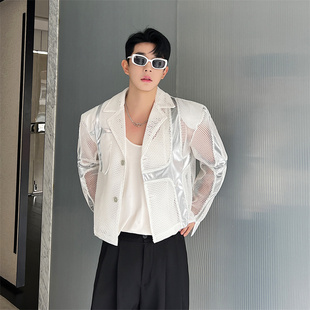高级感镂空网格西装男小众，撞色拼接设计感韩版网红短款西服外套潮