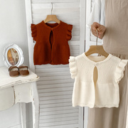 秋冬装女童宝宝针织毛线衫，纯色百搭飞袖圆领婴儿，开衫马甲背心外套
