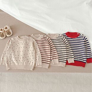 韩版童装婴幼儿针织衫宝宝，圆领洋气条纹波，点打底衫新生儿棉质上衣