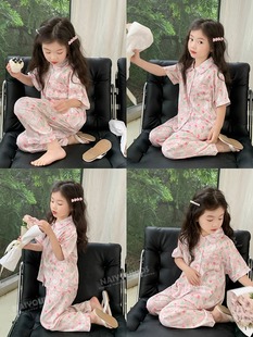 韩版夏季女童短袖睡衣套装宝宝儿童夏季吊带睡裙家居服两件套