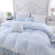 韩式夏季蓝色蕾丝公主风纯棉，床单被套床上四件套全棉床裙款裸睡夏