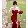 鱼尾开叉敬酒服2024新娘，结婚回门订婚礼服，平时可穿红色连衣裙