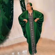 2024非洲印尼阿拉伯女连衣裙，大码蝙蝠袖，v领长袍人造丝烫钻dress