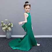 走秀绿色开叉拖尾模特，演出服女公主白色晚礼服，b类儿童礼服裙